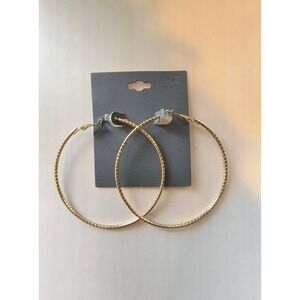 Target Zone Womens Large Gold Tone 3" Textured Ribbed Hoop Earrings New